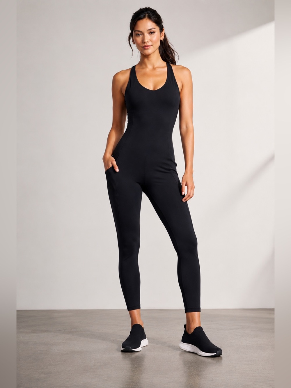 Athleta Transcend 7/8 Bodysuit Black VitaFree Yoga Jumpsuit NWT M